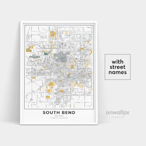 Impressão de mapa de South Bend, nomes de ruas Impressão de South Bend, mapa para impressão de South Bend, arte do mapa da cidade, mapa de South Bend Indiana, pôster de presente de viagem