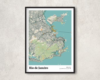 Rio de Janeiro Map Print, Retro Rio de Janeiro, Vintage Rio de Janeiro Gift Wall Art, Retro Map of Rio de Janeiro Interior Wall Decor - RC17