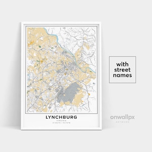 Impressão de mapa de Lynchburg, impressão de nomes de ruas de Lynchburg, mapa para impressão de Lynchburg, arte de mapa da cidade, arte de mapa de Lynchburg Virginia, pôster de presente de viagem