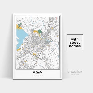 Impressão de mapa de Waco, impressão de nomes de ruas de Waco, mapa imprimível de Waco, arte do mapa da cidade, arte do mapa de Waco Texas, pôster de presente de viagem