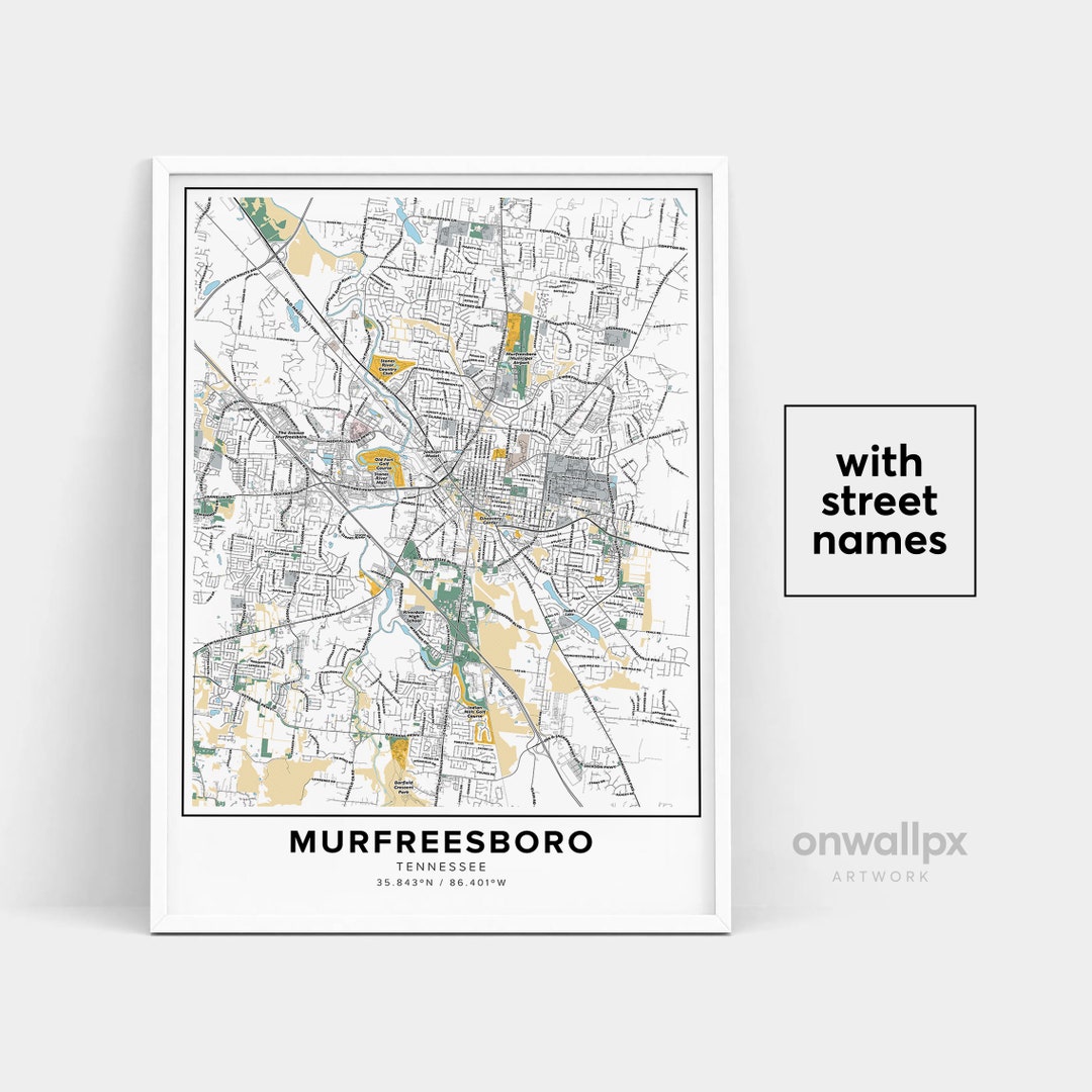 Murfreesboro Map Print, Street Names Murfreesboro Print, Map of