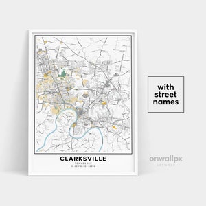 Impressão de mapa de Clarksville, impressão de nomes de ruas de Clarksville, mapa de Clarksville, arte do mapa da cidade, arte do mapa de Clarksville Tennessee, pôster de presente de viagem