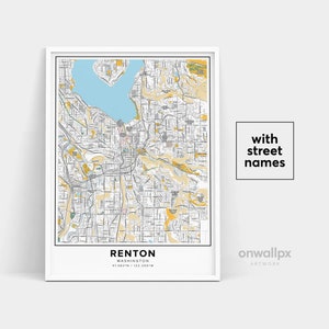 Impressão de mapa de Renton, impressão de nomes de ruas Renton, mapa imprimível de Renton, arte do mapa da cidade, arte do mapa de Renton Washington, pôster de presente de viagem