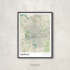 Spokane print kaart, retro Spokane kaart poster, vintage Spokane straten kaart kunst, cadeau kaart van Spokane Washington, Spokane muur decor, RC72