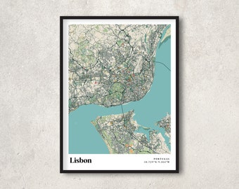 Lisbon Map Poster Print, Retro Lisbon Map Decor, Vintage Lisbon Gift Wall Art, Retro City Map of Lisbon Portugal, Interior Wall Decor