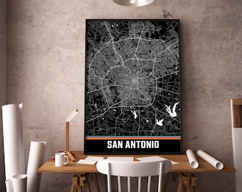 San Antonio Texas Map Art Print, City Decor Poster