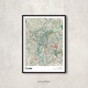 Lyon Mapa Imprimir Póster, Retro Lyon Map Art, Vintage Lyon Gift Wall Art, Retro Map Lyon Francia Wall Decor