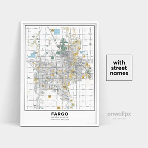 Impressão de mapa de Fargo, impressão de nomes de ruas Fargo, mapa para impressão de Fargo, arte do mapa da cidade, arte do mapa de Fargo Dakota do Norte, pôster de presente de viagem
