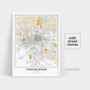 Impression de carte de Tuscaloosa, impression de noms de rues de Tuscaloosa, carte de Tuscaloosa, art de carte de ville, art de carte de Tuscaloosa Alabama, affiche de cadeau de voyage