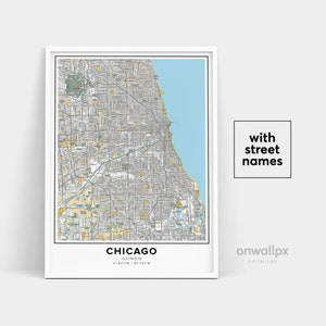 Impressão de mapa de Chicago, impressão de nomes de ruas de Chicago, mapa para impressão de Chicago, arte de mapa da cidade, arte de mapa de Chicago Illinois, pôster de presente de viagem