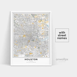 Impressão de mapa de Houston, impressão de nomes de ruas de Houston, mapa de Houston para impressão, arte de mapa de cidade, arte de mapa de Houston, Texas, pôster de presente de viagem