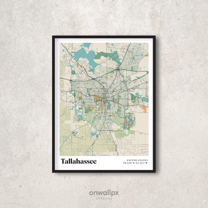 Tallahassee printkaart, retro Tallahassee kaartposter, vintage Tallahassee kaartkunst, cadeaukaart Tallahassee Florida, Tallahassee wanddecoratie, RC73