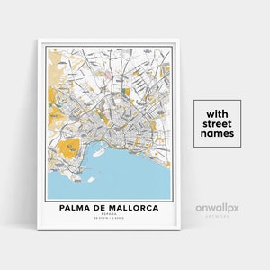 Impression de carte de Palma de Majorque, impression de Palma de noms de rues, carte imprimable de Palma, art de carte de ville, art de carte de Palma d'Espagne, affiche de cadeau de voyage