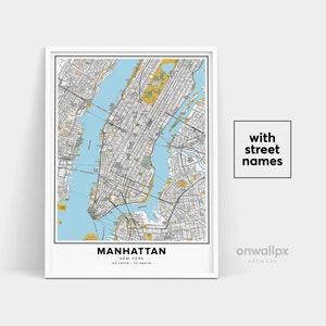 Manhattan kaart afdrukken, straatnamen Manhattan afdrukken, afdrukbare kaart van Manhattan, stadskaart kunst, reiscadeau poster, Manhattan New York kaart kunst