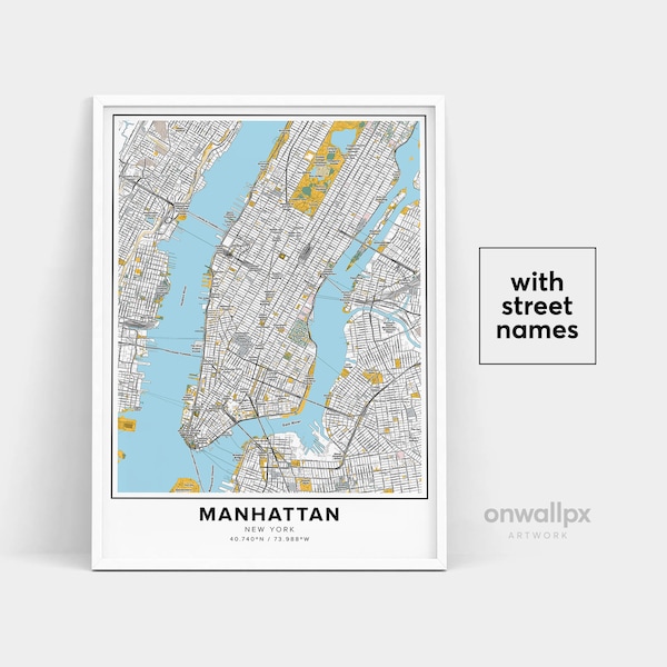 Manhattan Karte Druck, Straßennamen Manhattan Poster, Druckbare Karte von Manhattan, Stadtplan Kunst, Reisegeschenk Poster, Manhattan New York Karte Kunst