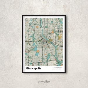 Impression d'affiche de carte de Minneapolis, décor de carte de Minneapolis rétro, carte-cadeau de Minneapolis vintage, carte rétro de Minneapolis Minnesota, art mural intérieur