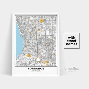Impressão de mapa de Torrance, impressão de nomes de ruas Torrance, mapa para impressão de Torrance, arte do mapa da cidade, arte do mapa de Torrance Califórnia, pôster de presente de viagem
