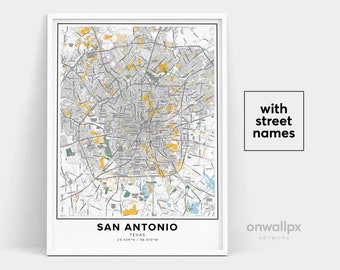 San Antonio Texas Map Print With Street Names, City Wall Art, Travel Gift Poster