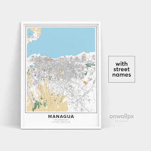 Impression de carte de Managua, impression de noms de rue de Managua, carte imprimable de Managua, art de carte de ville, art de carte de Managua Nicaragua, affiche de cadeau de voyage