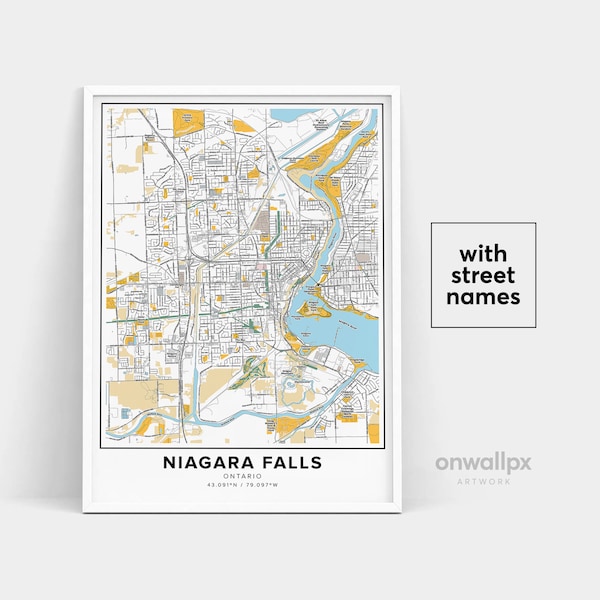 Impression de carte des chutes du Niagara, noms de rue impression des chutes du Niagara, carte des chutes du Niagara, plan de la ville, art de la carte des chutes du Niagara en Ontario, cadeau de voyage poster