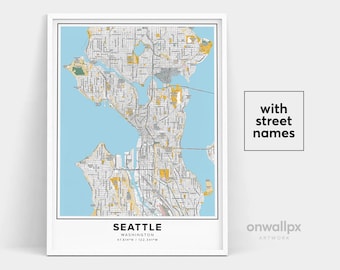 Seattle Washington Map Print With Street Names, City Wall Art, Travel Gift Poster
