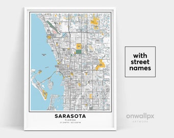 Sarasota Florida Map Art Print, Street Names, Travel Gift