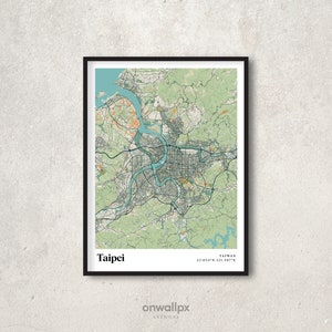 Impression d'affiche de carte de Taipei, décor de carte de Taipei rétro, art mural cadeau Taipei vintage, carte de la ville rétro Taipei Taiwan, décoration murale intérieure, RC33