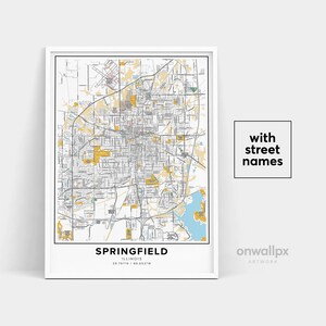 Impressão de mapa de Springfield, impressão de nomes de ruas de Springfield, mapa de Springfield, arte de mapa da cidade, arte de mapa de Springfield Illinois, pôster de presente de viagem