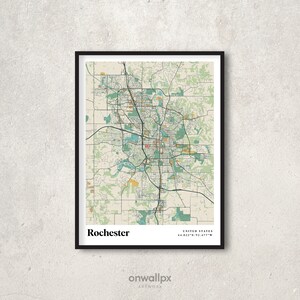 Impression d'affiche de carte de Rochester, décor de carte de Rochester rétro, carte-cadeau de Rochester vintage, carte rétro de Rochester au Minnesota, art mural intérieur