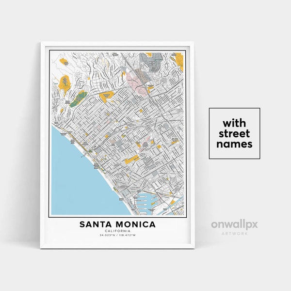 Santa Monica Karte Druck, Straßennamen Santa Monica Print, Karte von Santa Monica, Stadt Karte Kunst, Santa Monica California Karte, Reise Geschenk Poster