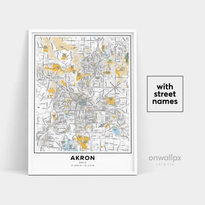 Impressão de mapa de Akron, nomes de ruas Impressão de Akron, mapa imprimível de Akron, arte do mapa da cidade, arte do mapa de Akron Ohio, pôster de presente de viagem