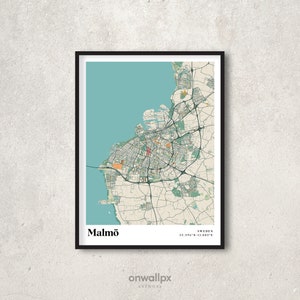 Malmö Map Print Poster, Retro Malmö Map Decor, vintage Malmö Gift Art, Retro City Map of Malmö Sweden Wall Decor, RC88