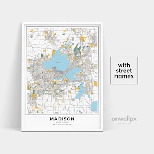 Impressão de mapa de Madison, impressão de nomes de ruas de Madison, mapa para impressão de Madison, arte do mapa da cidade, arte do mapa de Madison Wisconsin, pôster de presente de viagem