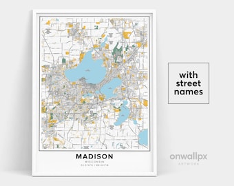Madison Wisconsin Map Print With Street Names, City Wall Art, Travel Gift Poster