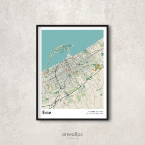 Erie Map Print Poster, Retro Erie Map Decor, vintage Erie Gift Wall Art, Retro Map Erie Pennsylvania Interior Wall Decor, RC94