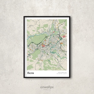 Impression d'affiche de carte de Berne, décoration de carte de Berne rétro, art mural cadeau Berne vintage, carte de Berne rétro de Berne Suisse, décoration murale intérieure