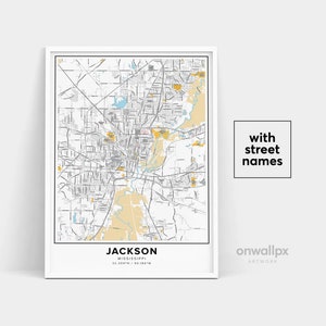 Jackson Map Print, Noms de rue Jackson Print, Carte imprimable de Jackson, City Map Art, Jackson Mississippi Map Art, Affiche cadeau de voyage