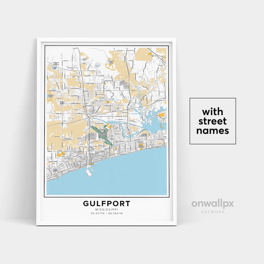 Gulfport Map Print, Street Names Gulfport Print, Printable Map of