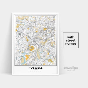 Impressão de mapa de Roswell, impressão de nomes de ruas de Roswell, mapa imprimível de Roswell, arte de mapa da cidade, arte de mapa de Roswell, pôster de presente de viagem