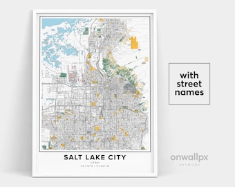 Impresión de mapas de Salt Lake City, nombres de calles de Salt Lake City, arte de mapas de Salt Lake City, arte de mapas de Salt Lake City, Utah, póster de regalo de viaje