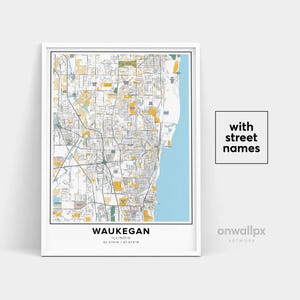 Impression de carte de Waukegan, impression de noms de rues de Waukegan, carte imprimable de Waukegan, art de carte de ville, art de carte de Waukegan Illinois, affiche de cadeau de voyage