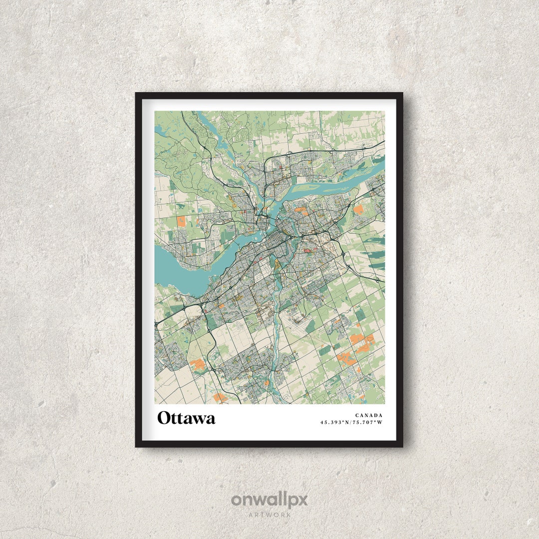 Ottawa Print Map, Retro Ottawa Map Poster, Vintage Ottawa Streets Map