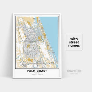 Palm Coast-kaart afdrukken, straatnamen Palm Coast afdrukken, kaart van Palm Coast, stadskaart kunst, Palm Coast Florida kaart kunst, reiscadeau poster