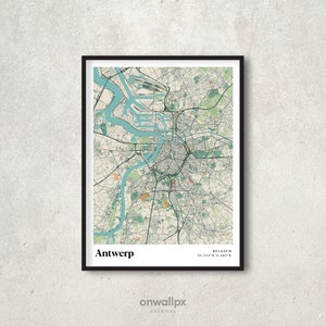 Carte imprimée Anvers, affiche de carte Anvers charme rétro, art de la carte des rues d'Anvers vintage, carte cadeau Anvers Belgique, art déco mural Anvers, RC48