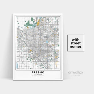 Impressão de mapa de Fresno, impressão de nomes de ruas de Fresno, mapa imprimível de Fresno, arte de mapa da cidade, arte de mapa de Fresno Califórnia, pôster de presente de viagem