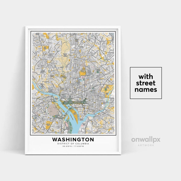 Stampa della mappa di Washington DC, Nomi delle strade Stampa di Washington DC, Mappa di Washington DC, Arte della mappa della città, Mappa del distretto di Columbia, Poster regalo di viaggio