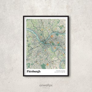 Pittsburgh kaart print poster, retro Pittsburgh kaart decor, vintage Pittsburgh cadeau kunst aan de muur, retro kaart Pittsburgh PA interieur muur decor, RC40