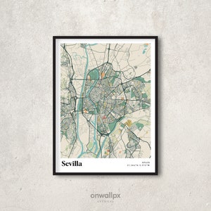 Impression de carte de Séville, affiche de carte de Séville rétro, art de la carte des rues de Séville vintage, carte cadeau de Séville, Espagne, décoration murale de Séville