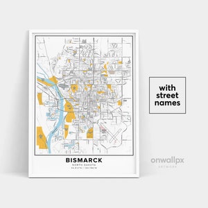 Impression de carte Bismarck, Noms de rue Bismarck Print, Carte imprimable de Bismarck, Art de la carte de la ville, Art de la carte du Dakota du Nord bismarck, Affiche cadeau de voyage