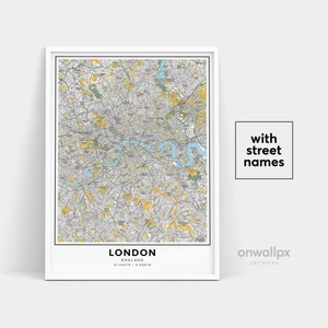 Londen kaart afdrukken, straatnamen Londen afdrukken, afdrukbare kaart van Londen, stadskaart kunst, kaart kunst Londen Engeland, reiscadeau poster